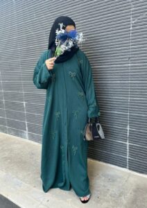 Emerald Green Zoom Nida Abaya with Beaded Bow Embellishments