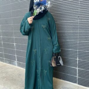 Emerald Green Zoom Nida Abaya with Beaded Bow Embellishments