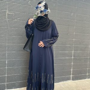 Navy Blue Zoom Nida Abaya with Linear Beaded Embellishments