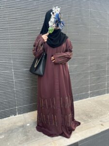 Maroon Zoom Nida Abaya with Modern Linear Bead Embellishments