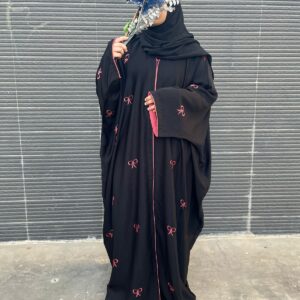 Black Zoom Nida Abaya with Pink Bow Embellishments